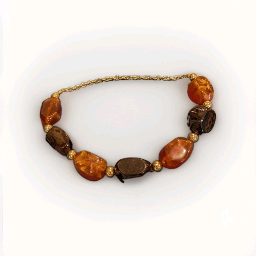Vintage Beaded Statement Necklace Amber  Brown Tone Resin Stones Goldtone Chain